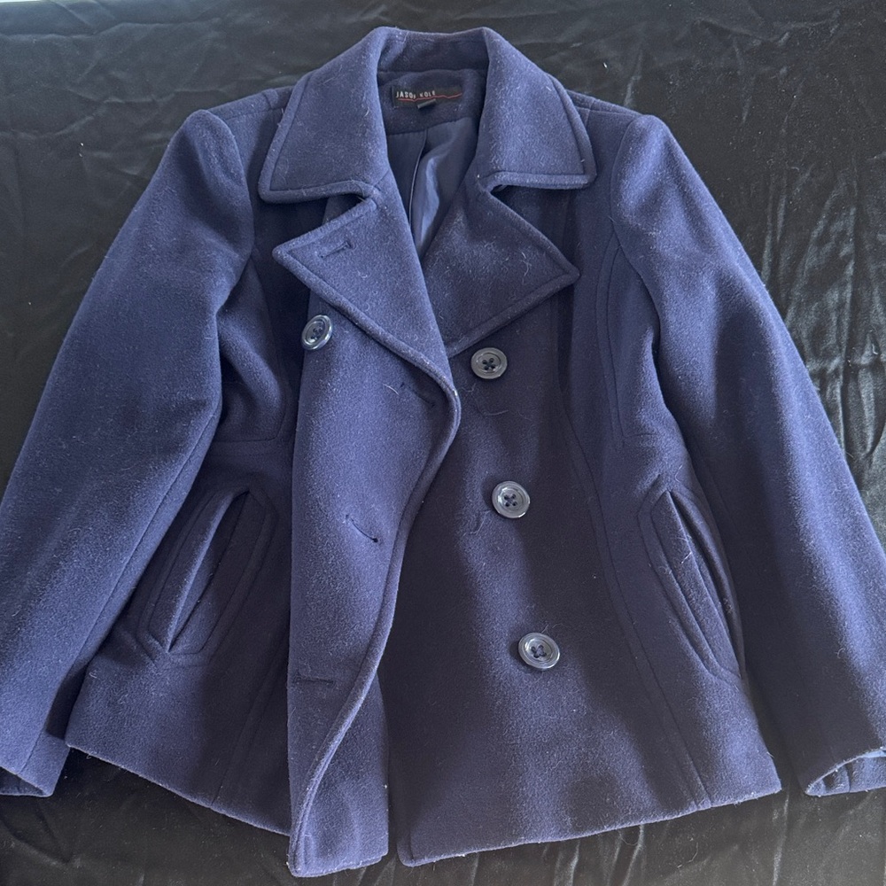 Navy Double-Breasted Pea Coat - Women's Tailored Wool Blend